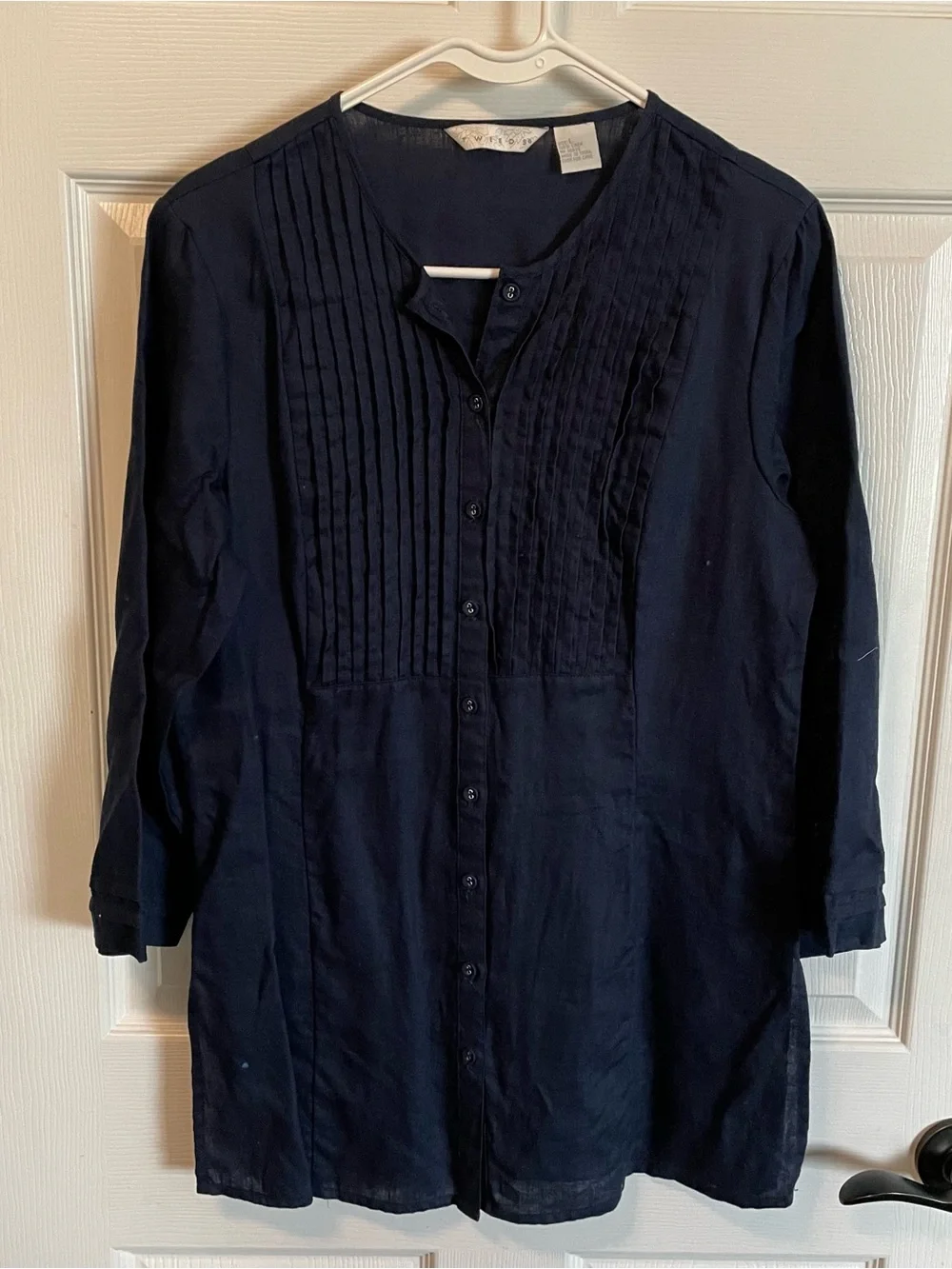 Vintage Tweeds Linen Tunic Blouse L Navy Blue Pintuck Button Front
